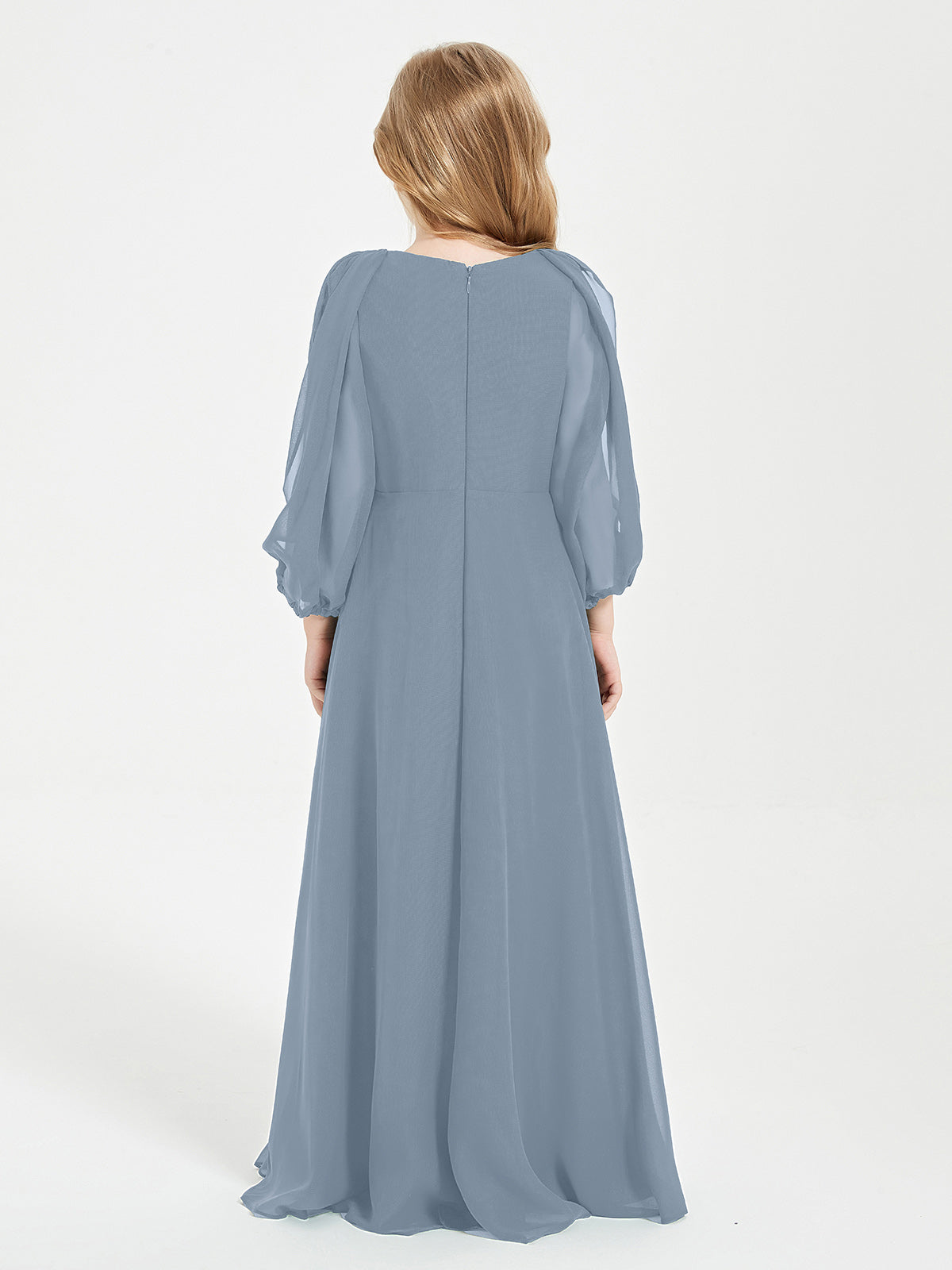 Modest Long Sleeved Junior Bridesmaid Gowns Dusty Blue